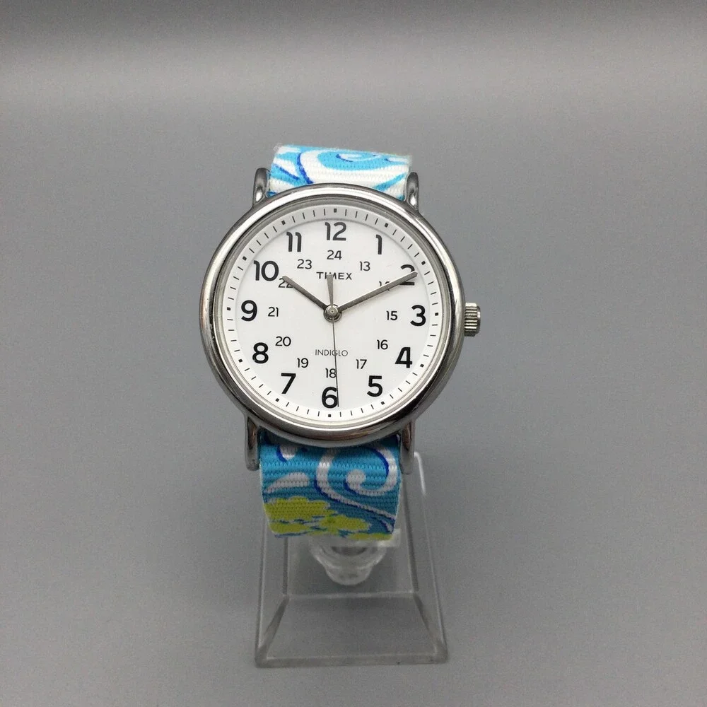 Timex Womens Watch 38mm White Dial Blue Floral Nylon Band Indiglo TW2R24000 - Picture 2 of 15